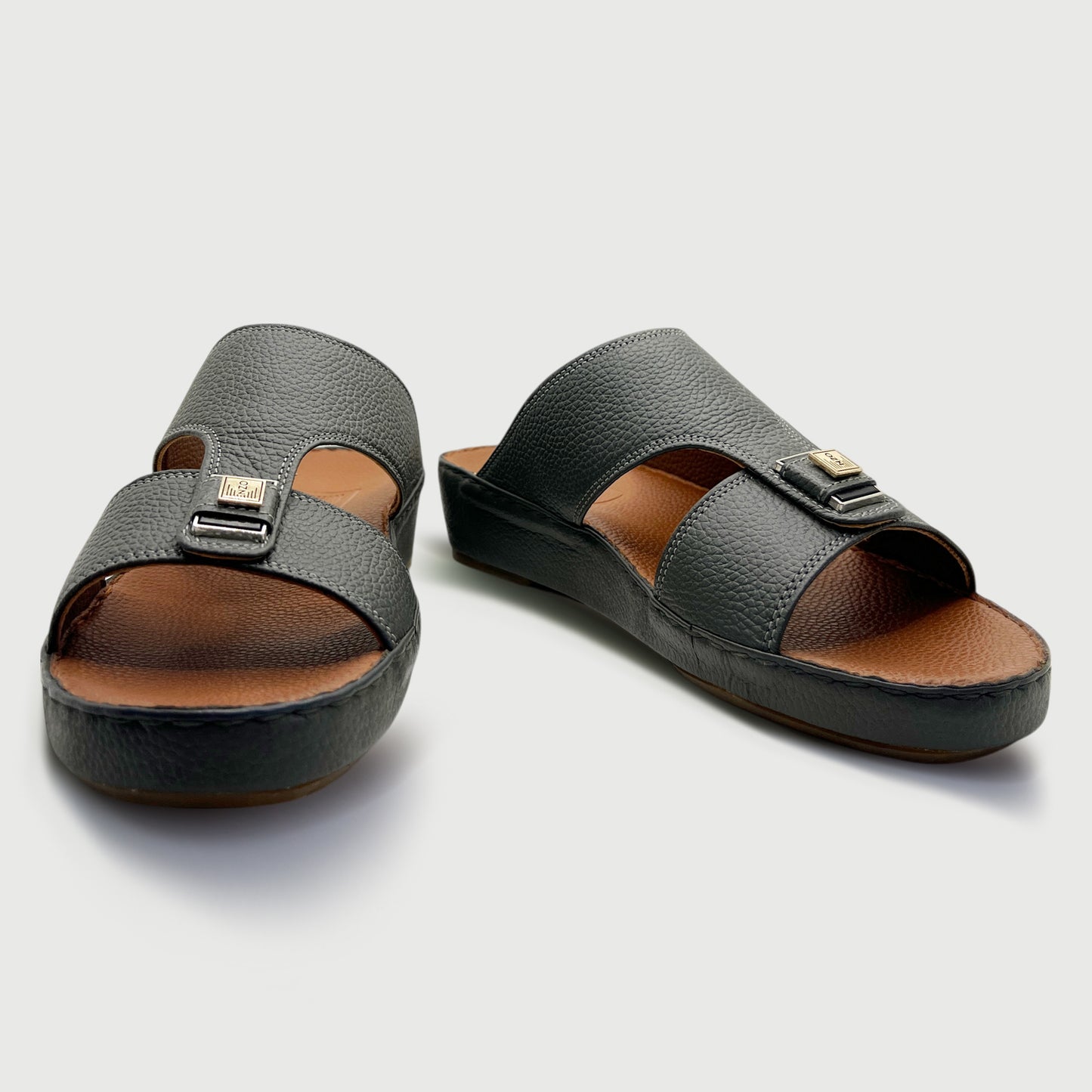 Enzo 131 Grey - Premium Textured Leather Arabic Slippers with Gold Hardware