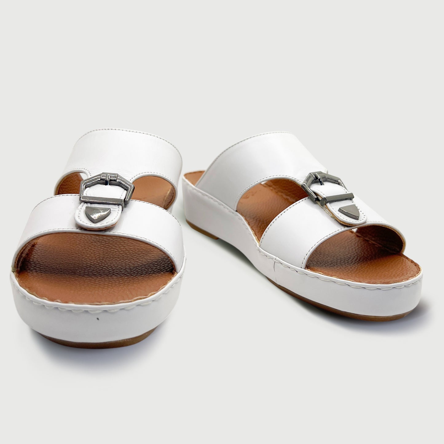 Al Manoos 125 White - Premium Leather Arabic Slippers with Signature Hardware